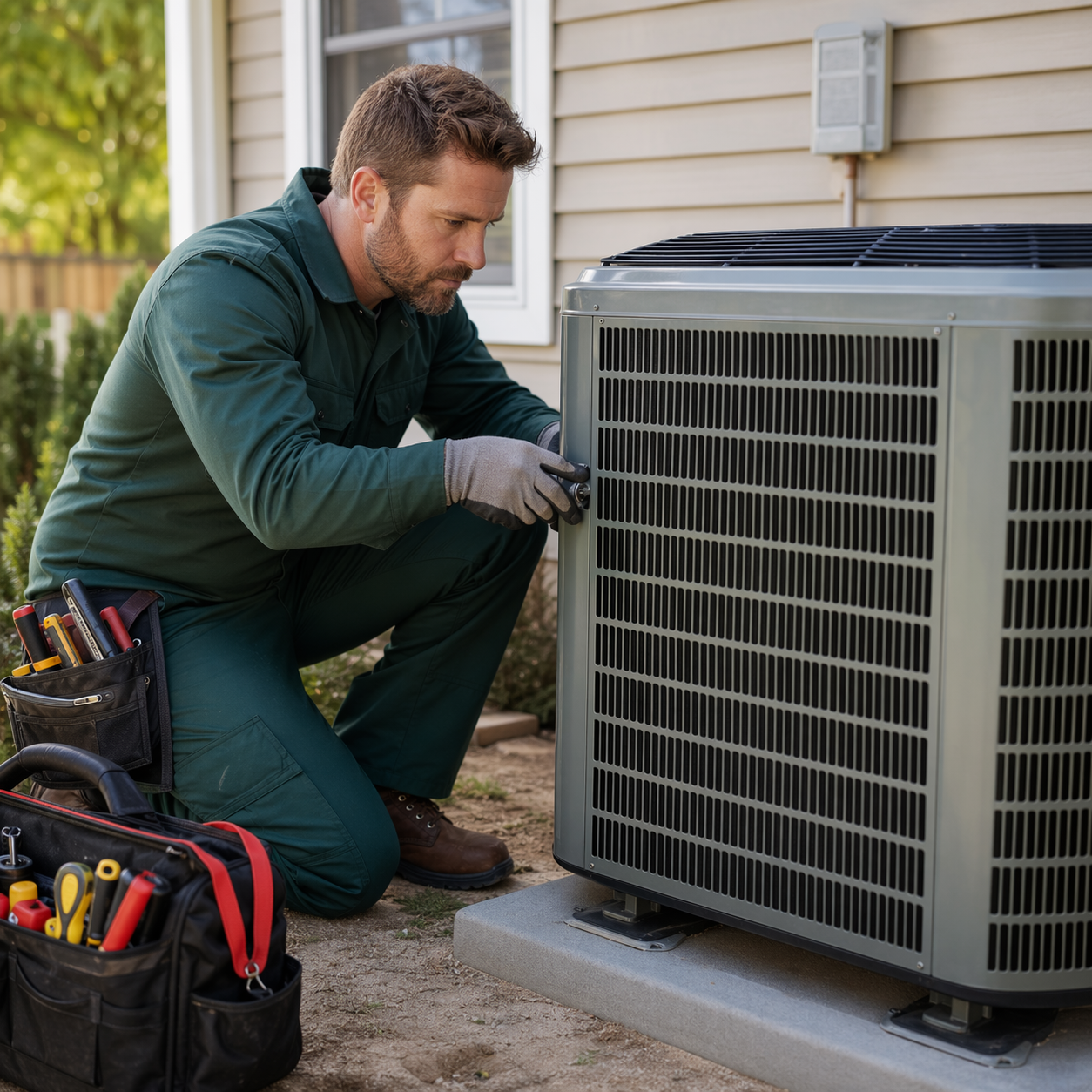 Experienced HVAC technician servicing an outdoor air conditioning unit