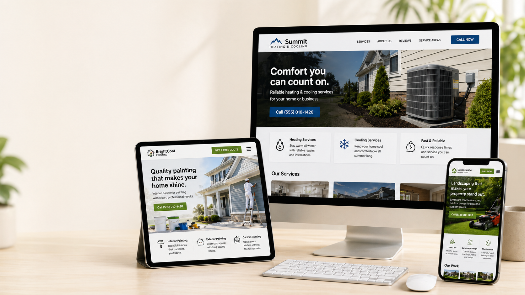 Desktop, tablet, and phone mockups showing HVAC, painting, and landscaping demo websites.